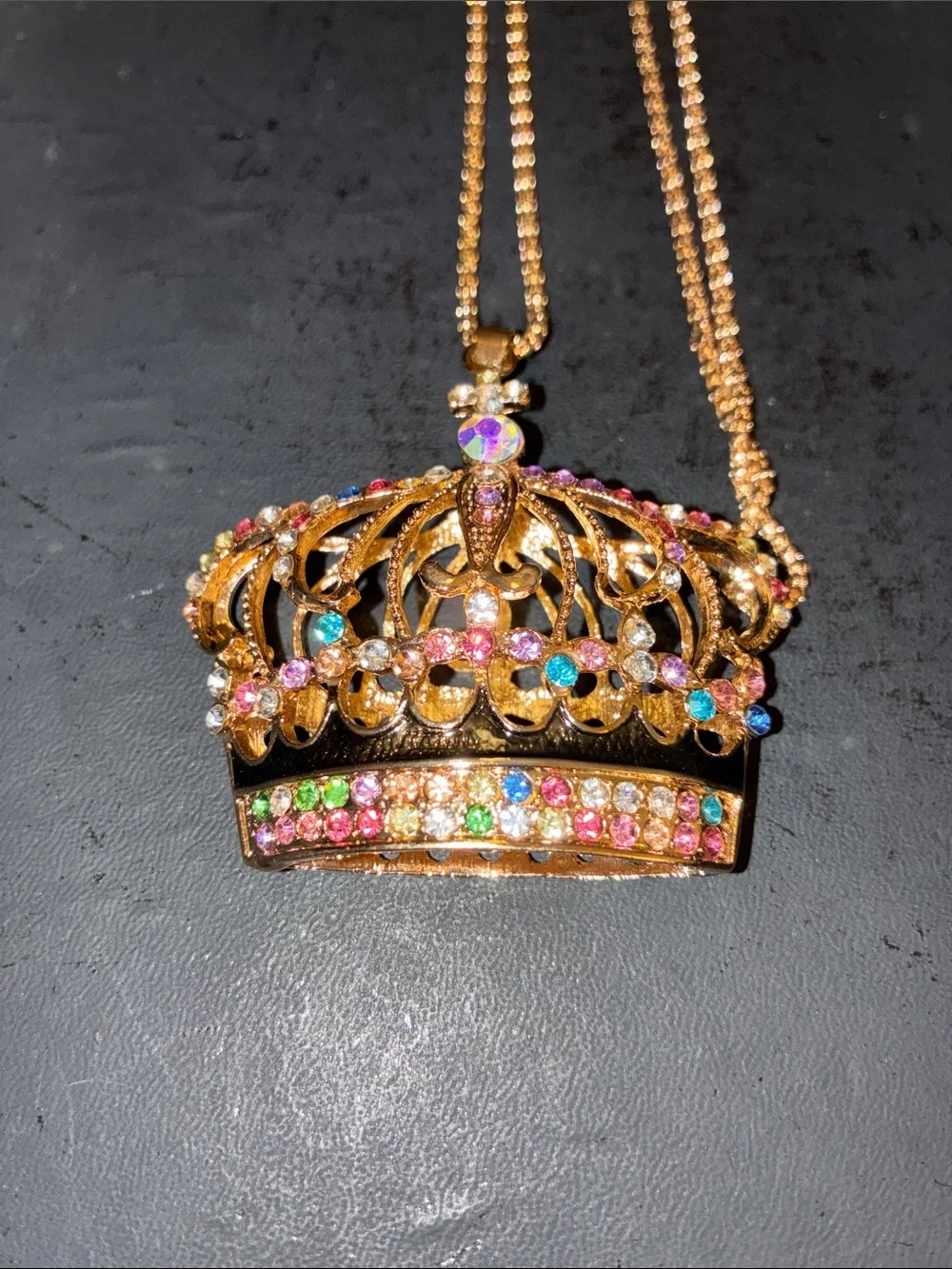 Gold Crown Pendant Necklace with Multicolor Crystals